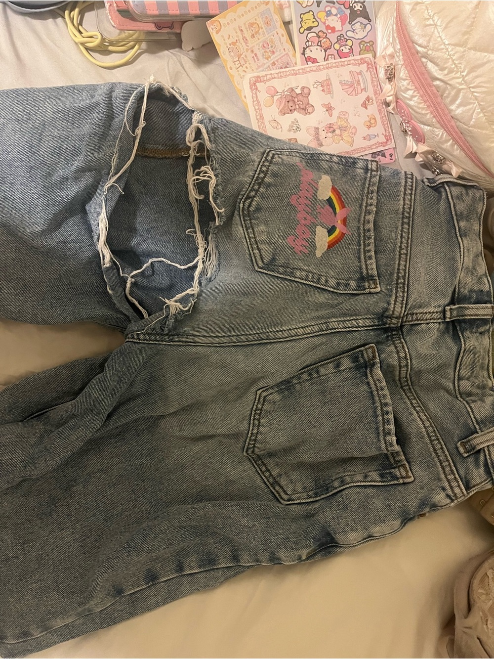 PLAYBOY Light Blue Distressed Boyfriend Jeans with Rainbow Pocket Patch